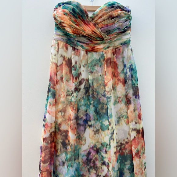 Aidan Maddox Strapless Sweetheart Pleated Watercolor Chiffon Dress Gown Formal 8 - Picture 7 of 16